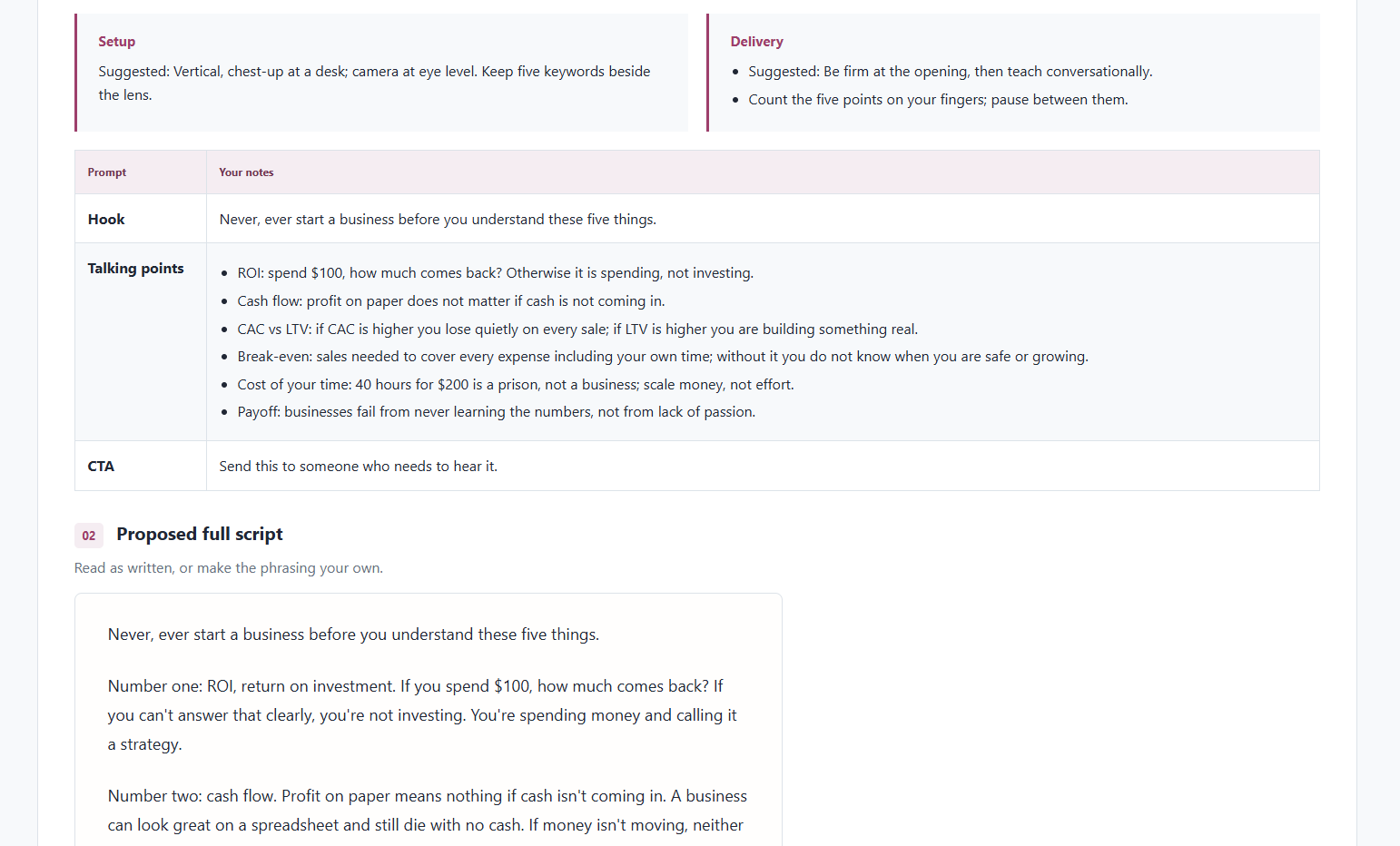 A scripted video from a content plan: setup, talking points and full script